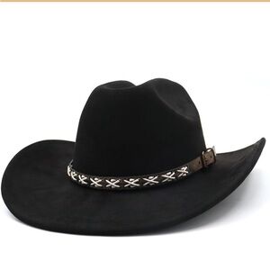 Black Cowboy Hat with Decorative Bands and designer feathers.